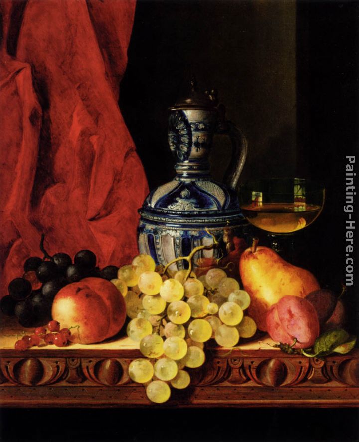 Still Life With Grapes, A Peach, Plums And A Pear On A Table With A Wine Glass And A Flask painting - Edward Ladell Still Life With Grapes, A Peach, Plums And A Pear On A Table With A Wine Glass And A Flask art painting